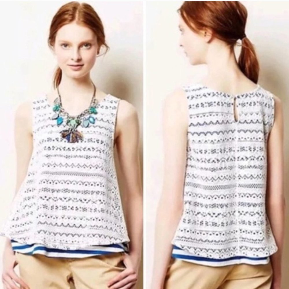 Anthropologie Postmark Blue White Stripe Lace Tank Top